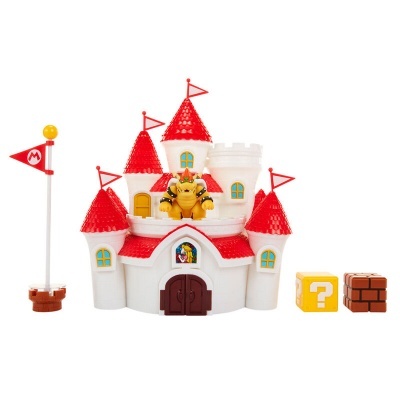 Castelo de brinquedo de Mario com torres vermelhas, Bowser, caixas e bandeira M.