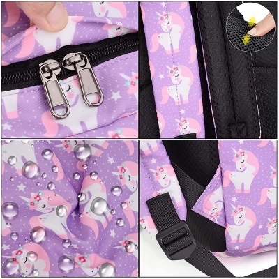 Mochila lilás com unicórnios e fecho metálico