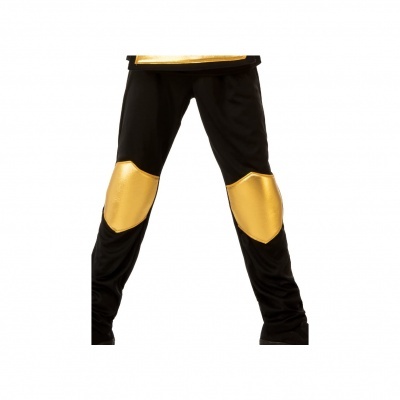 Calças pretas com detalhes dourados nos joelhos e cintura