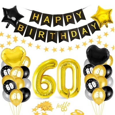 Decoração dourada e preta para aniversário de 60 anos com balões e faixa HAPPY BIRTHDAY