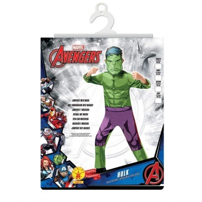 Fantasia infantil do Hulk dos Avengers, verde e roxa, embalada em caixa com imagens dos Avengers