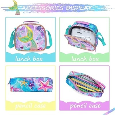 Lunch boxes e pencil cases com padrão marítimo colorido e alças