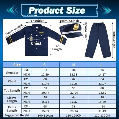 Conjunto de roupa de polícia azul escuro com tabela de tamanhos