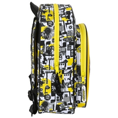 Mochila escolar com padrão gráfico amarelo, preto e branco vista de lado