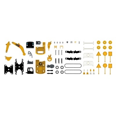 Peças metálicas e plásticas organizadas para montagem sobre fundo branco