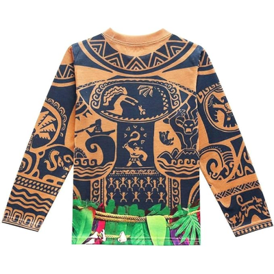 Camisola castanho claro e azul escuro com padrão tribal e detalhes verdes e roxos na parte inferior