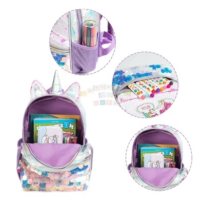 Mochila infantil lilás com design de unicórnio e bolsos transparentes com lantejoulas