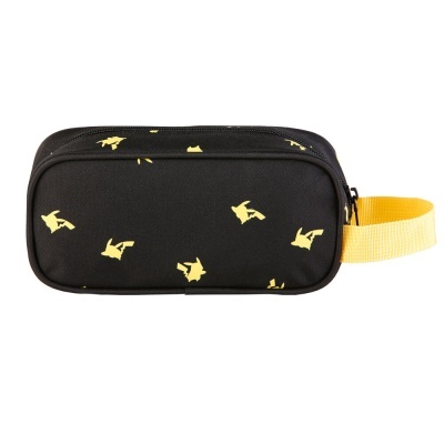 Estojo escolar preto com padrões amarelos e alça amarela