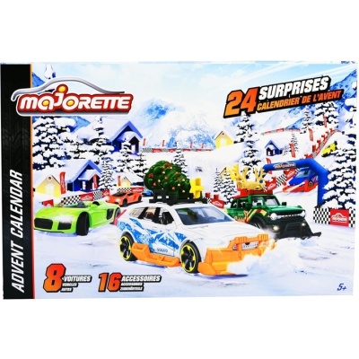 Caixa de calendário do advento Majorette com carros de brinquedo e acessórios em cenário de neve