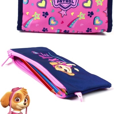 Estojo escolar azul e rosa com personagem de cachorro e texto PAW PATROL