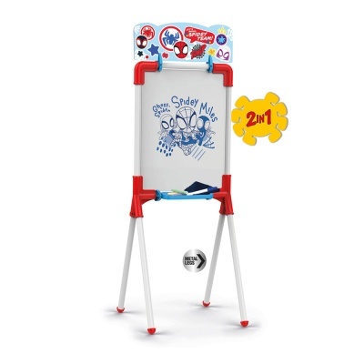 Painel de desenho infantil Homem-Aranha em branco, vermelho e azul com texto 'SPIDEY MILES'