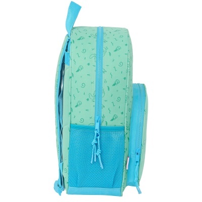 Mochila verde claro com padrão azul-turquesa vista de lado