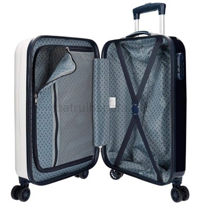 Mala de viagem rígida preta e branca aberta, mostrando o interior cinzento com padrão geométrico.