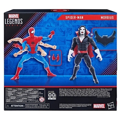 Embalagem de brinquedos Marvel Legends Series com figuras Spider-Man e Morbius