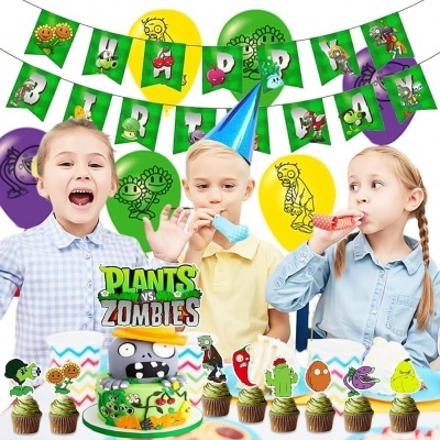 Festa de aniversário com tema Plants vs Zombies, bolo e cupcakes decorados, crianças celebrando