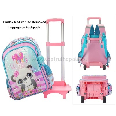 Mochila infantil rosa com rodinhas e puxador, estampa panda Happy Lovely.