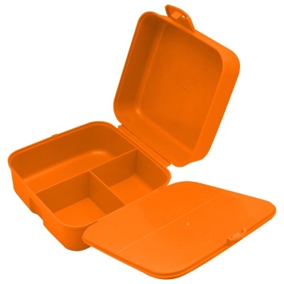 Marmita de plástico laranja com três compartimentos e duas tampas.