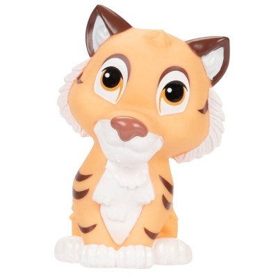 Brinquedo tigre estilizado laranja, branco e castanho com olhos grandes
