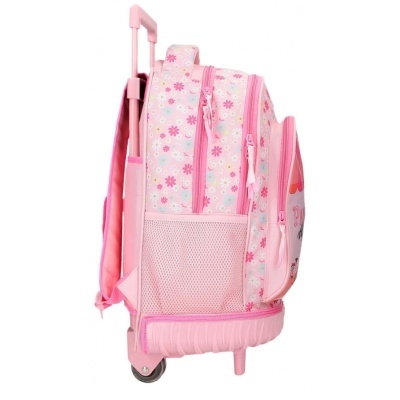 Mochila escolar rosa clara com rodas e puxador, decoração floral e bolso lateral em rede
