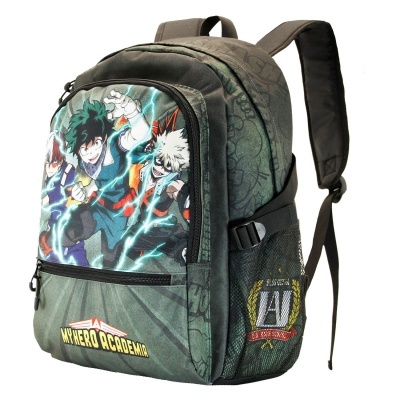 Mochila verde e preta com estampa de personagens do anime My Hero Academia