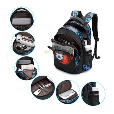 Mochila preta e azul com múltiplos compartimentos para organização