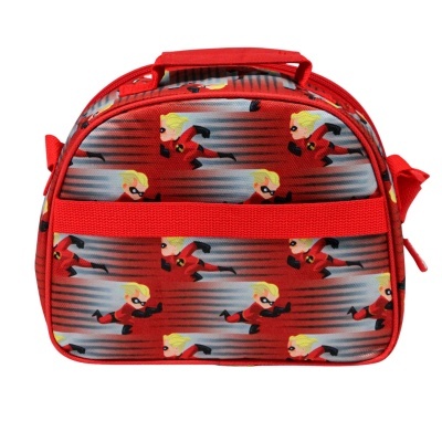 Bolsa infantil vermelha com padrão de personagem animado loiro em roupa vermelha