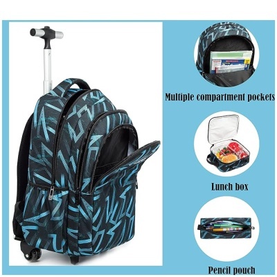 Mochila com rodinhas preta e azul claro com vários compartimentos e acessórios