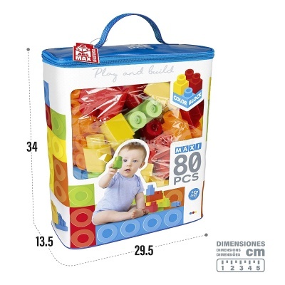 Bolsa com blocos de construção coloridos para crianças e imagem de um bebé