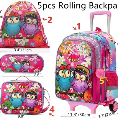 Conjunto de mochila e acessórios coloridos com estampa de corujas e flores