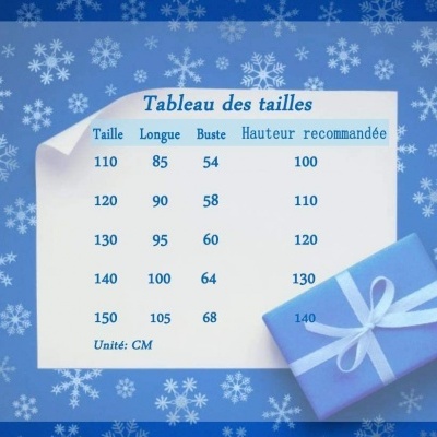 Tabela de tamanhos em francês com presente azul decorado com laço branco