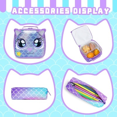 Conjunto Escolar Trolley Gatinha Sereia - Trolley + lancheira + porta-lápis