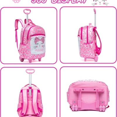 Mochila cor-de-rosa com desenhos de gato e estrelas, roda e alça extensível