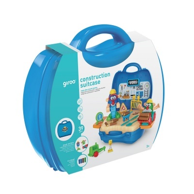 Maleta de construção azul e branca com brinquedo de construção e texto na embalagem