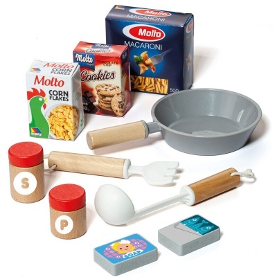 Brinquedo conjunto de cozinha infantil com frigideira, utensílios, caixas Molto e recipientes de especiarias