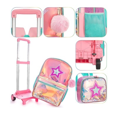 Mala de carrinho infantil, mochila e lancheira iridescentes com estrelas cor-de-rosa e detalhes em rosa e verde