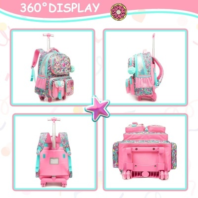 Mochila escolar rosa e turquesa com padrão floral em 360°