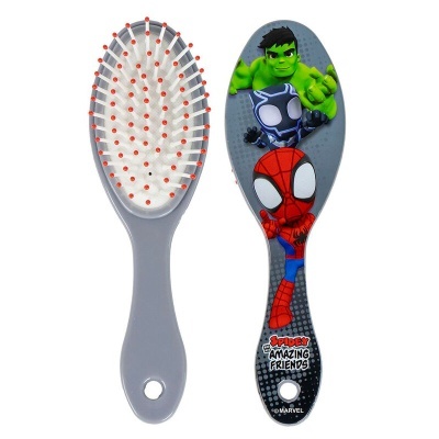 Escova de cabelo infantil cinzenta com personagens Marvel e cerdas brancas com pontas vermelhas