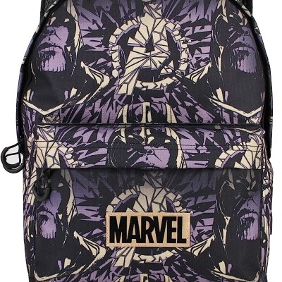 Mochila Marvel com padrão Thanos e etiqueta frontal