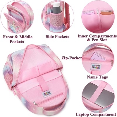 Conjunto Escolar - Mochila + lancheira térmica + porta-lápis - Unicórnio rosa arco-íris