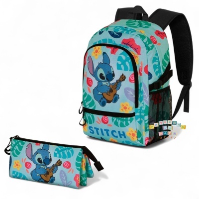 Conjunto Escolar Guitar Stitch Disney - Mochila Escolar 44cm adaptable + porta-lápis triplo