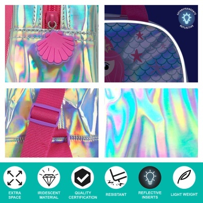 Detalhes da mochila iridescente com concha rosa e alças rosas