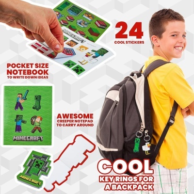 Conjunto Minecraft com caderno, autocolantes e porta-chaves, rapaz com mochila