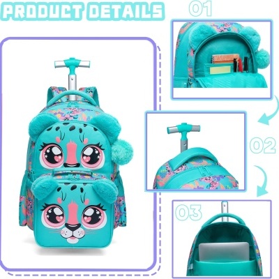 Mochila infantil turquesa com carrinho e design de rosto de animal com orelhas e pompons