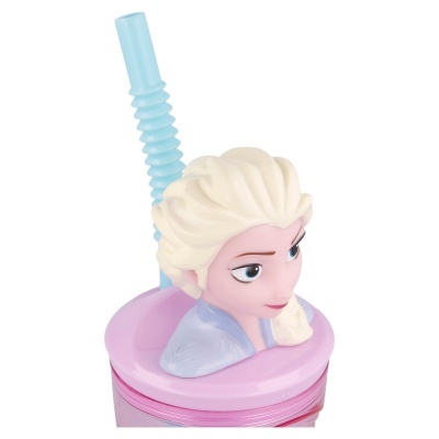 Copo com tampa rosa, canudo azul e figura da Elsa do Frozen