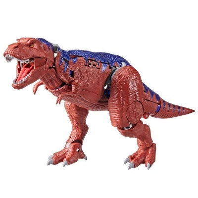 Dinossauro robótico vermelho e azul com textura de pele e articulações