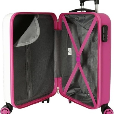 Mala de viagem rígida branca e rosa aberta com interior e divisórias