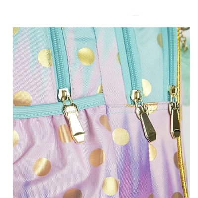 Bolsa lilás com bolinhas douradas e fechos de correr azuis