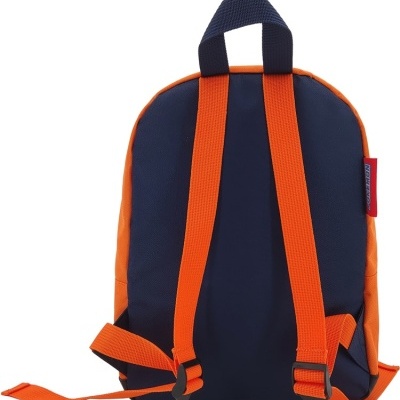 Mochila azul escuro com alças laranja, vista de trás