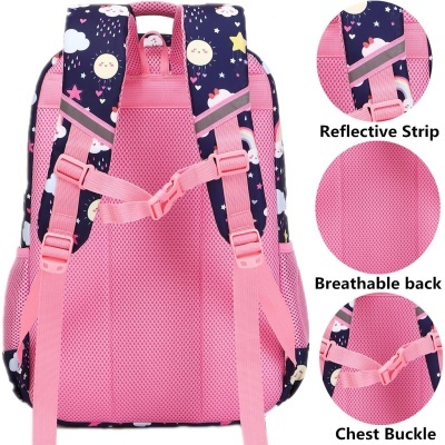 Mochila infantil rosa e azul escuro com padrões de estrelas e luas, vista das costas.