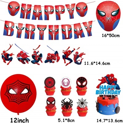 Decoração de aniversário temática Homem-Aranha com faixa, balão, figuras e toppers para bolos.